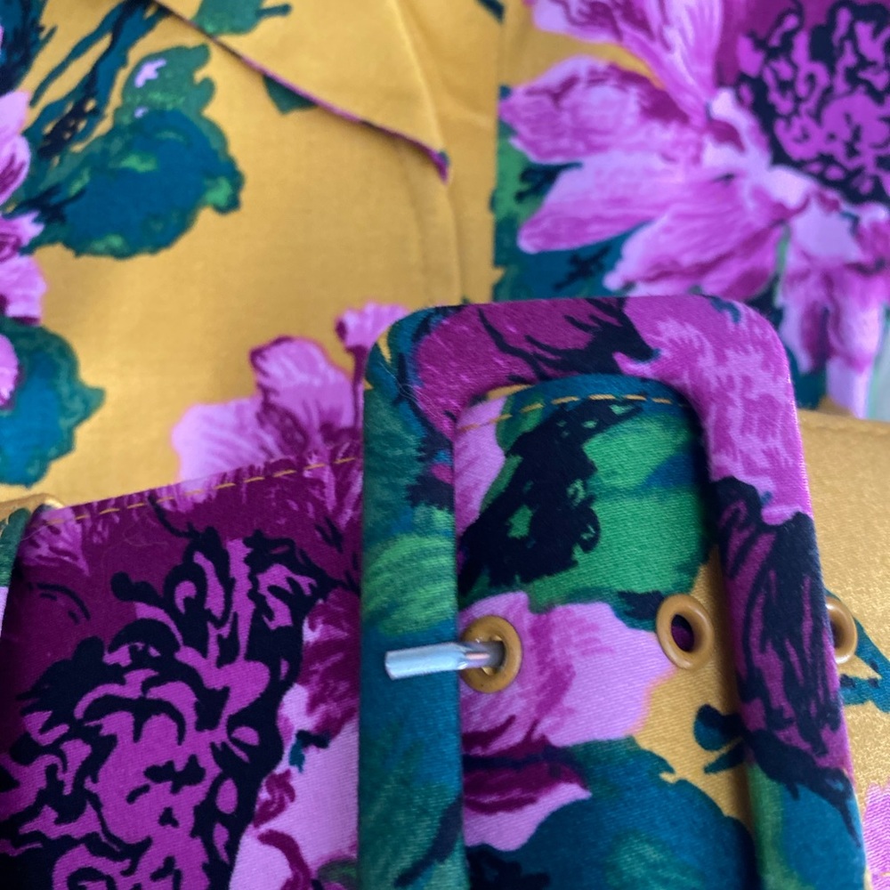 Pinup Couture PUG Girl Clothing Small Floral Birdie Dress Mustard Purple Easter - Picture 4 of 5